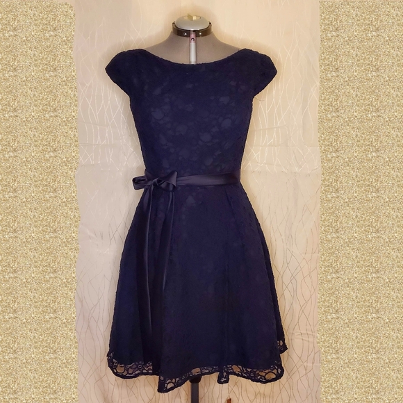 Morilee Navy Knee Length Lace Bridesmaid Dress - Picture 4 of 9